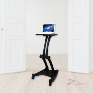Image of a black ZStand Sportster LT, a portable sit-stand laptop workstation