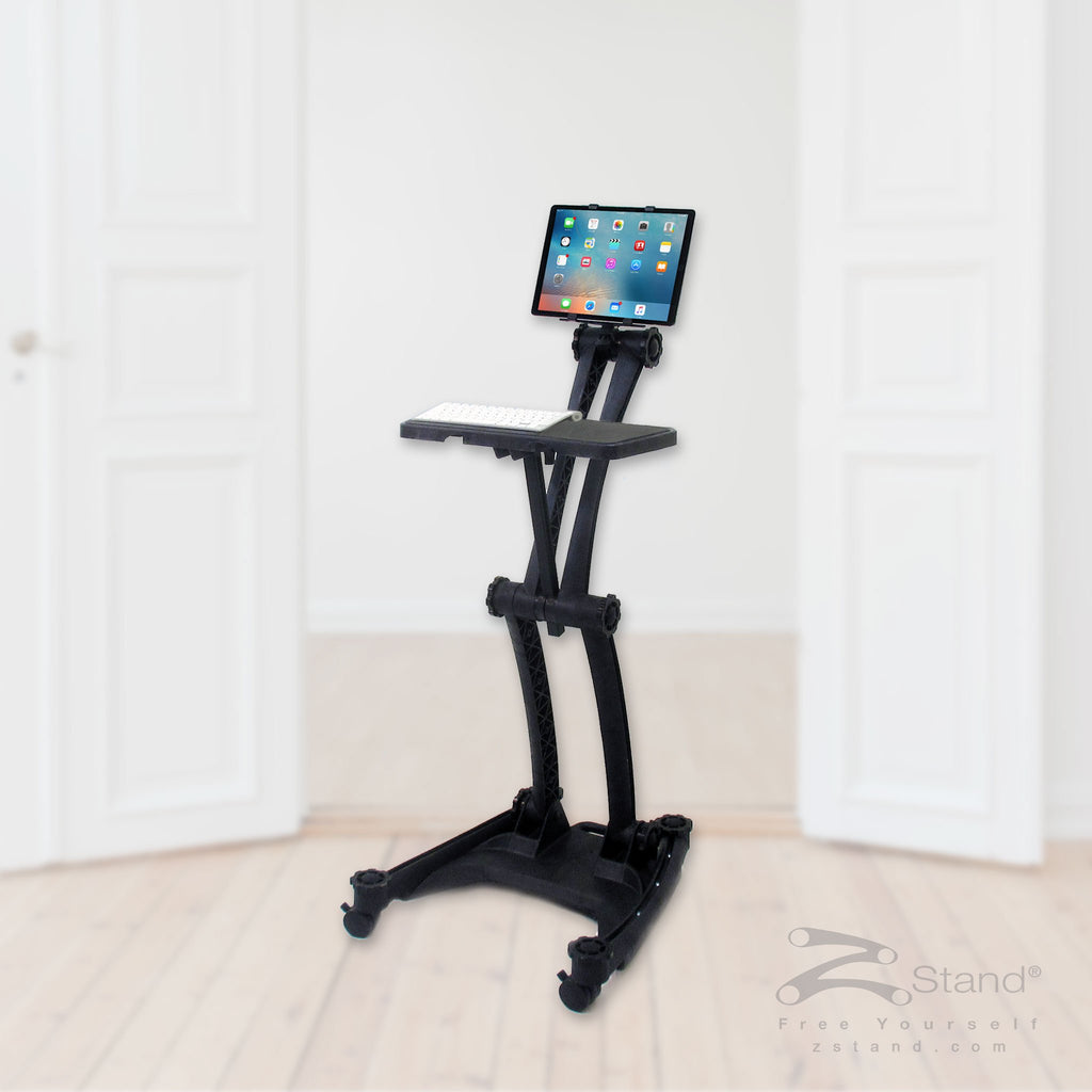 Image of a black ZStand Sportster Pro, a portable sit-stand workstation