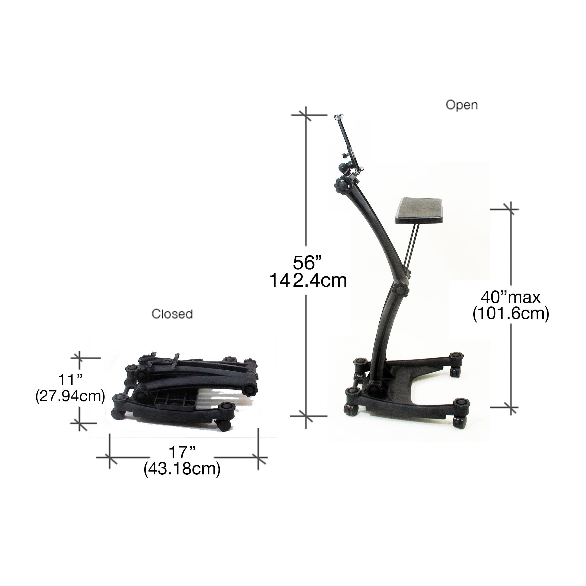 Dimensions of the ZStand Sportster Pro in its closed and full extension positions.
